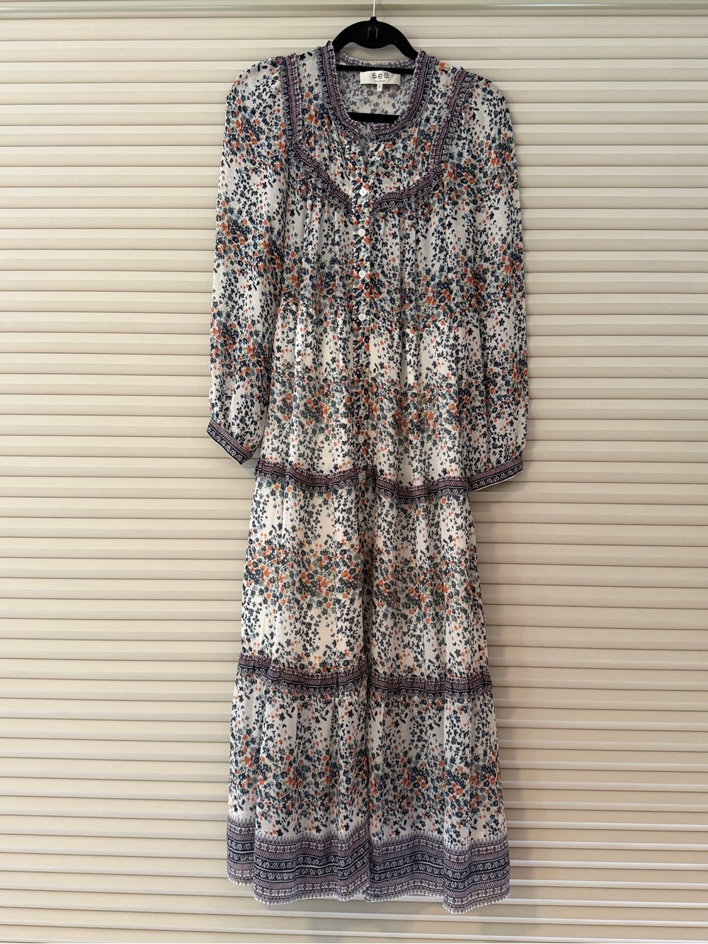 Sea New York White Floral Tiered Maxi Dress with Orange & Navy Accents